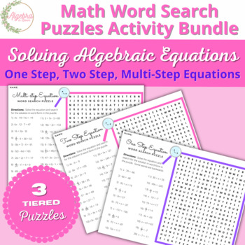 Preview of Equations Word Search Puzzle Activity Bundle // One, Two & Multi step Equations