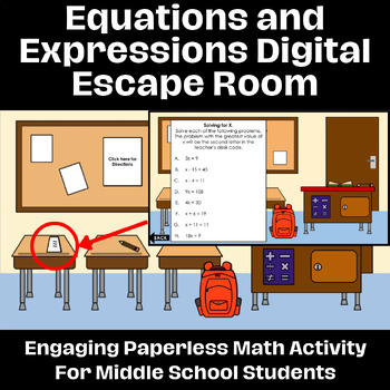 Preview of Equations and Expressions Digital Interactive Escape Room - Middle School Math