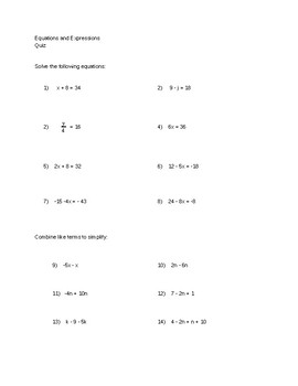 Preview of Equations and Expressions Quiz