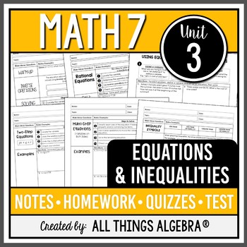 Preview of Equations and Inequalities (Math 7 Curriculum - Unit 3) | All Things Algebra®