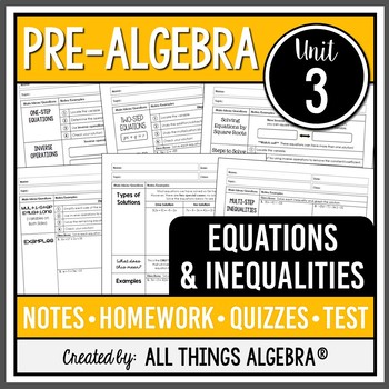 Preview of Equations and Inequalities (Pre-Algebra - Unit 3) | All Things Algebra®