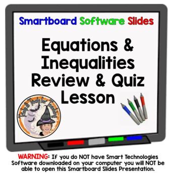 Preview of One Step Equations and Inequalities Review Quiz Smartboard Slides Lesson