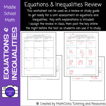 Preview of Equations and Inequalities Unit Review and Study Guide