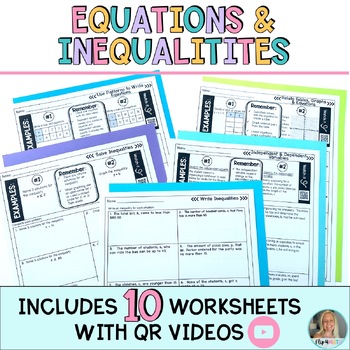 Preview of Equations and Inequalities Worksheets with Video Lessons