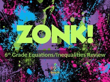 Preview of Equations and Inequalities ZONK! review game (6.EE.5-6.EE.9)