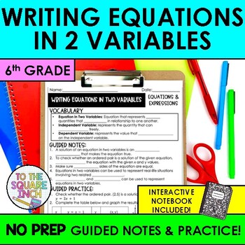 Preview of Equations in 2 Variables Notes & Practice | Writing 2 Variable Equations Notes