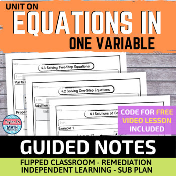 Preview of Equations in One Variable Guided Notes for Video Lessons