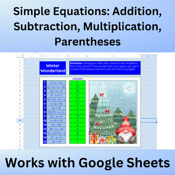 Preview of Equations with Addition, Subtraction, Multiplication, Pixel Art Christmas Gnome