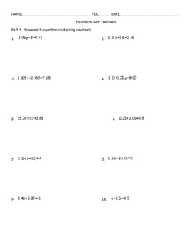 Preview of Equations with Decimals (including 3 word problems)