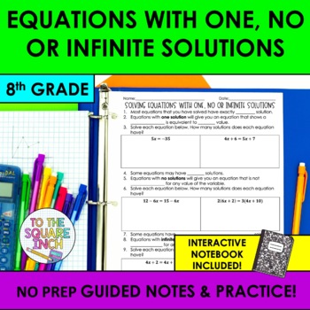 Preview of Equations with One, No or Infinite Solutions Notes & Practice | Guided Notes