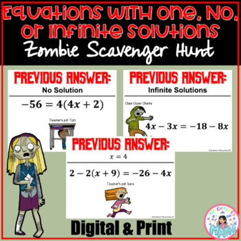 Preview of Equations with One, No, or Infinite Solutions Zombie Scavenger Hunt Activity