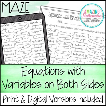 Preview of Solving Equations with Variables on Both Sides Worksheet - Maze Activity