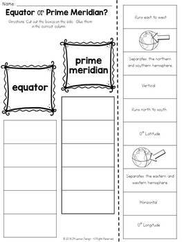 Equator or Prime Meridian? Cut and Paste Sorting Activity by JH Lesson