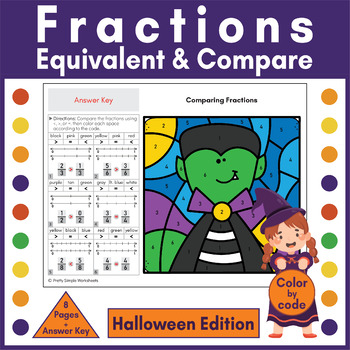 Preview of Equivalent & Comparing Fractions on a Number Line Halloween Color by Code