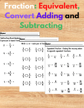 Preview of Equivalent, Convert Adding and Subtracting Fractions and Mixed number Worksheets