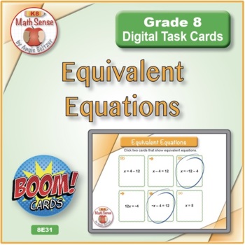 Preview of Equivalent Equations | Solving Equations Mentally | BOOM Digital Task Cards 8E31