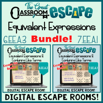 Preview of Equivalent Expressions Digital Escape Room Bundle 6th-7th Grade Math Activities