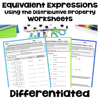 Preview of Equivalent Expressions Using the Distributive Property Worksheets