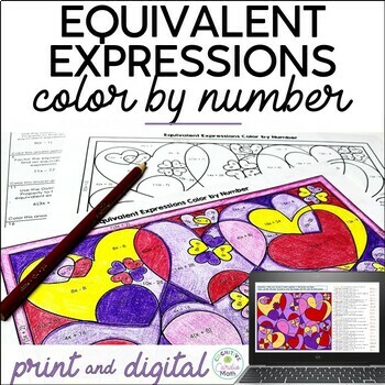 Preview of Equivalent Expressions Valentine's Day Math Color by Number, Coloring Pages