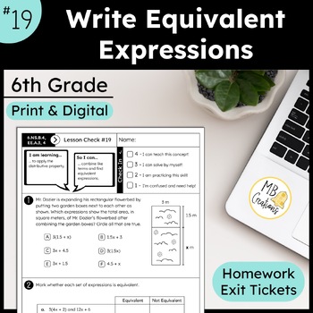Preview of Equivalent Expressions Worksheets, Exit Tickets, HW - iReady Math 6th Grade L19
