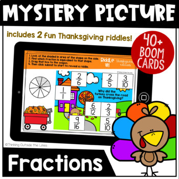 Preview of Equivalent Fraction Mystery Riddle BOOM Cards™ (Thanksgiving Edition)