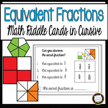Preview of Equivalent Fraction Riddle Task Cards in Cursive Writing