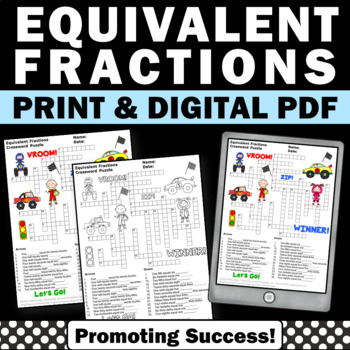 Preview of Equivalent Fractions Math Crossword Puzzle 4th Grade Morning Bell Work Sub Plans