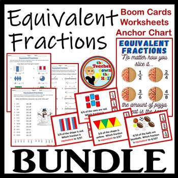 Preview of Equivalent Fractions Bundle I Boom Cards, Worksheets w/ Riddles & Anchor Chart
