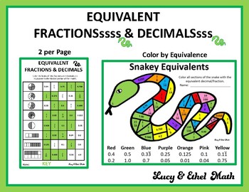 Preview of Equivalent Fractions & Decimals 2 Sheets: Color by Answer Snake