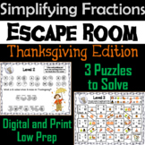Simplifying/ Equivalent Fractions Escape Room Thanksgiving