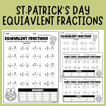 Preview of Equivalent Fractions | Finding Missing Numerator & Denominator |St.Patrick's Day