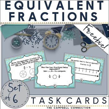 Preview of Equivalent Fractions Task Cards on a Number Line 3rd Grade Center Freebie