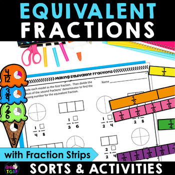 Preview of Equivalent Fractions Worksheets Activities Sorts Printable Fraction Strips