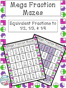 Preview of Equivalent Fractions Mazes - One-Half, One-Third, One-Fourth. Worksheet & Center