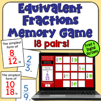Preview of Equivalent Fractions Memory Game in Print and Digital