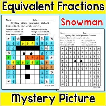 Preview of Equivalent Fractions Worksheet Winter Math Center - Snowman Mystery Picture