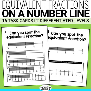 Preview of Identify Simple Equivalent Fractions On a Number Line Fraction Math Task Cards