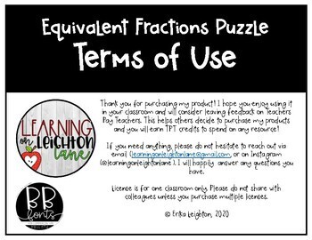 Equivalent Fractions Puzzle by Learning on Leighton Lane | TpT