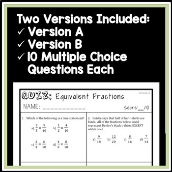 freebie equivalent fractions quiz 4th grade 4 nf 1 fraction assessment