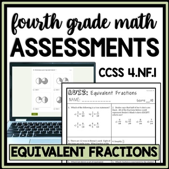 Preview of 4th Grade Equivalent Fractions Assessment, Practice Quiz, Review Math Worksheet