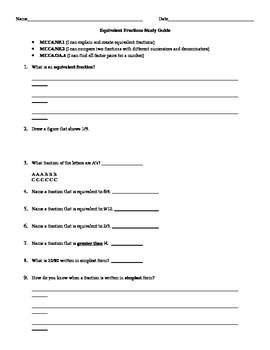 Preview of Equivalent Fractions Study Guide, Quiz, and Activities