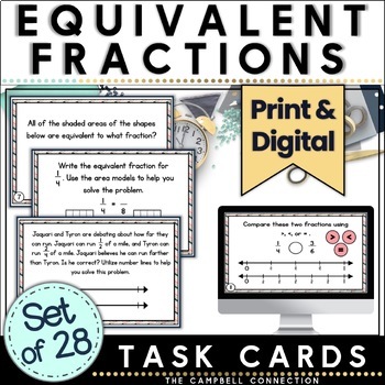 Preview of Equivalent Fractions Task Cards on a Number Line Review 3rd Grade Math Centers