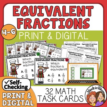 Preview of Equivalent Fractions Task Cards | Fraction Review & Test Prep | Print & Digital