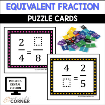 Preview of FRACTIONS Equivalent Fractions Math Puzzle Task Cards for 3rd and 4th Grade