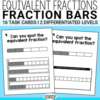 Preview of Simple Equivalent Fractions Practice on Fraction Bars Fraction Tiles Task Cards