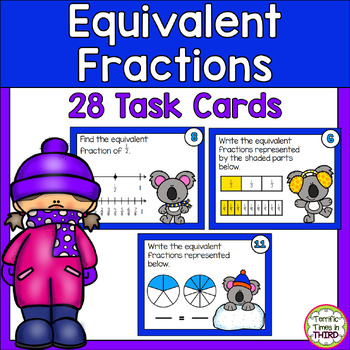 Preview of Equivalent Fractions Task Cards Winter Themed