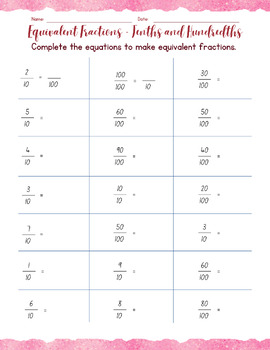 Preview of Equivalent Fractions Tenths and Hundredths Worksheet