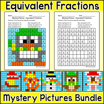 Preview of Equivalent Fractions Worksheets - Color by Number Winter Math Activity