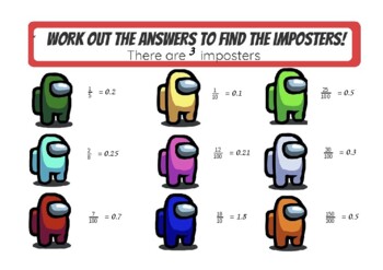 Preview of Equivalent Fractions and Decimals Among Us Themed