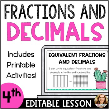 Preview of Equivalent Fractions and Decimals Editable PowerPoint Lesson - 4th Grade Math